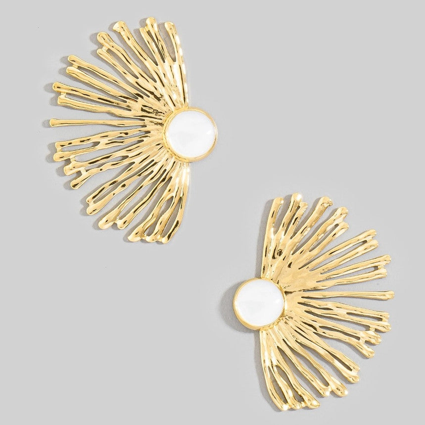 The Looks by Fame Stainless Steel Stone Center Fan Statement Earrings - White