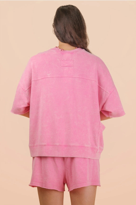 Very J Plus Size Women's Pink Mineral Washed Knit Casual Top & Shorts Set
