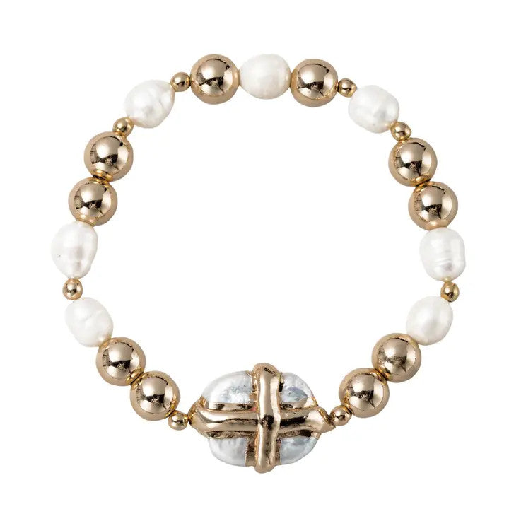 Jane Marie Beaded Stretch Bracelet with Pearl with Wrapped Gold Cross
