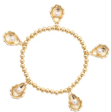 Canvas Oyster & Pearl Stretch Bracelet - Shiny Gold