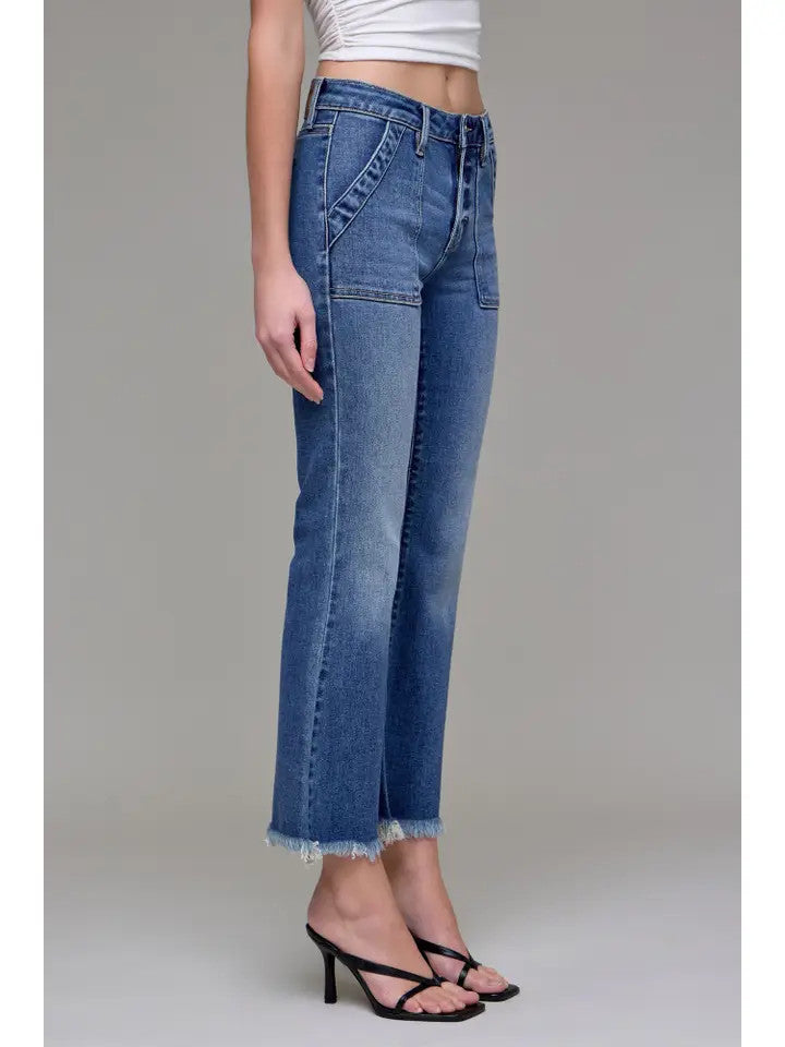 Hidden Jeans Women's Medium Wash Frayed Hem Cargo Crop Flare