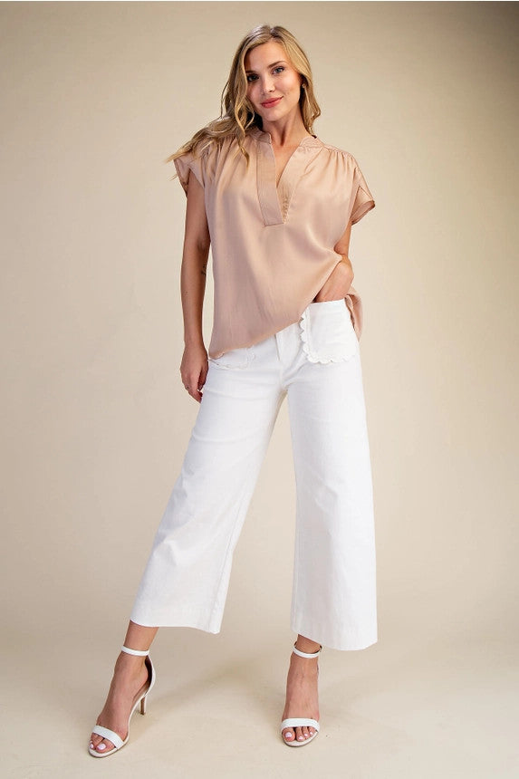 Glam Women's Colette Wide-Leg Scallop Pocket Pants - White