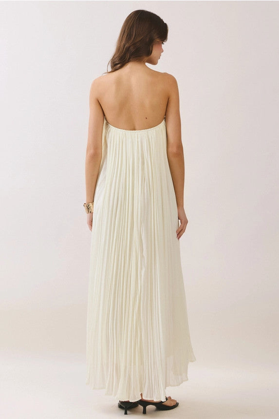 TCEC Women's Cream Floral Pleated Strapless Maxi Dress