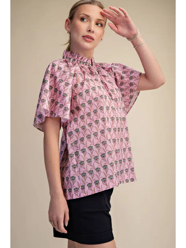 Glam Women's Pink Ruffle Neck Raglan Top