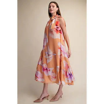 Glam Women's Ruffle Neck Tie Sleeveless Midi Floral Dress - Coral