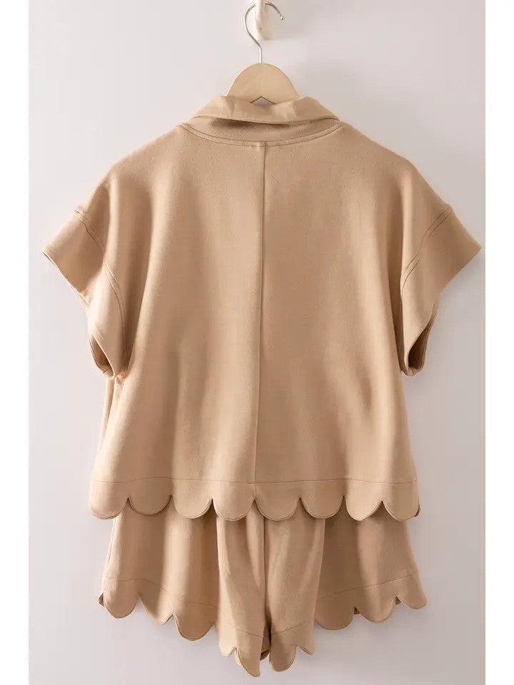 Very J Women's Mocha Half-Zip Scallop Active Shorts Set