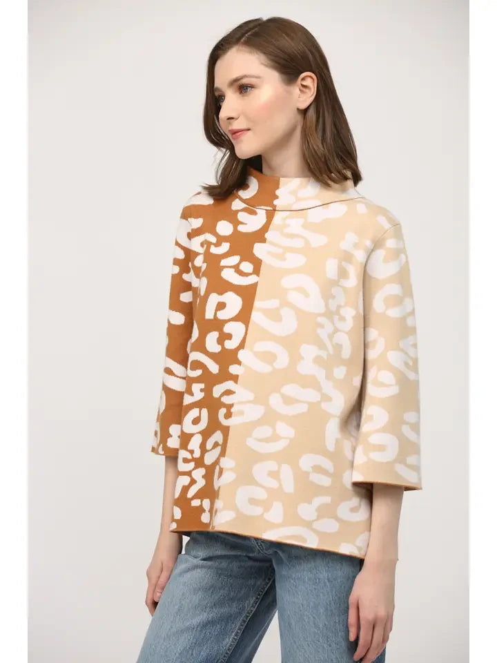 Fate Women's Colorblock Animal Pattern Mock Neck Sweater