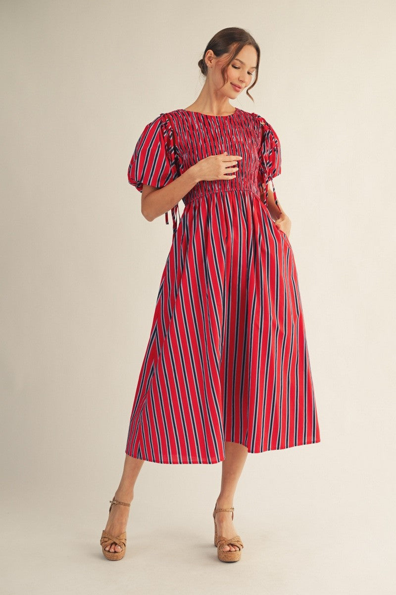 Jodifl Women's Red Detachable Sleeves Stripe Midi Dress
