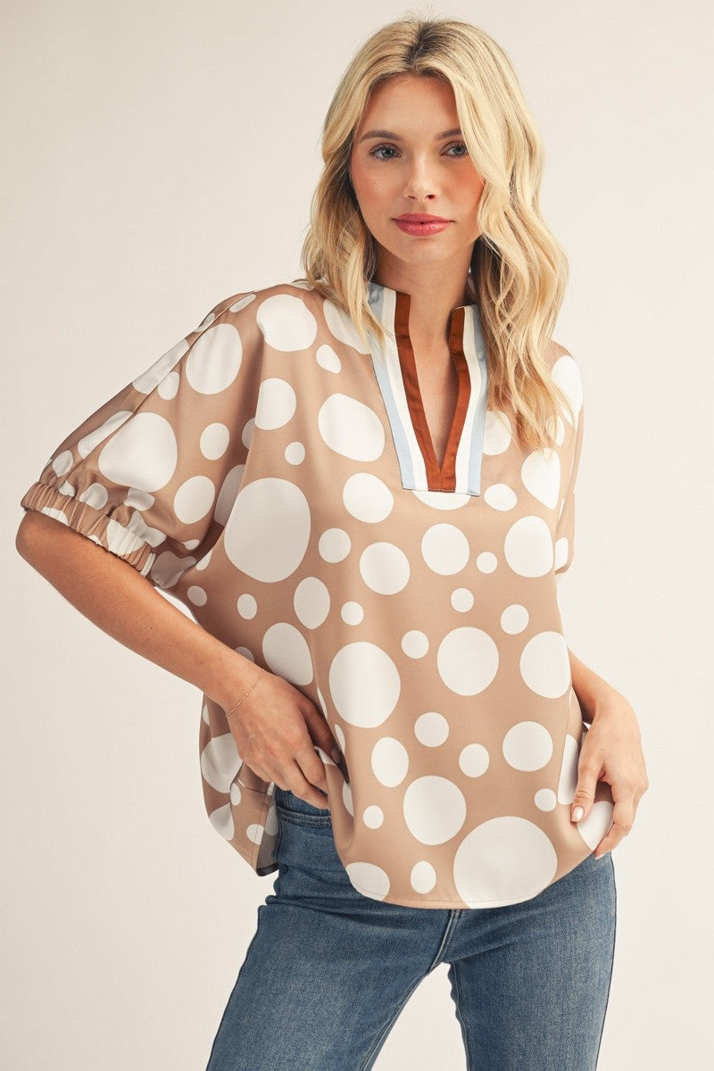 Jodifl Women's Taupe Polka Dot Print Satin Top