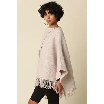 Olivaceous Women's Mabel Fringe Knit Poncho - Oatmeal