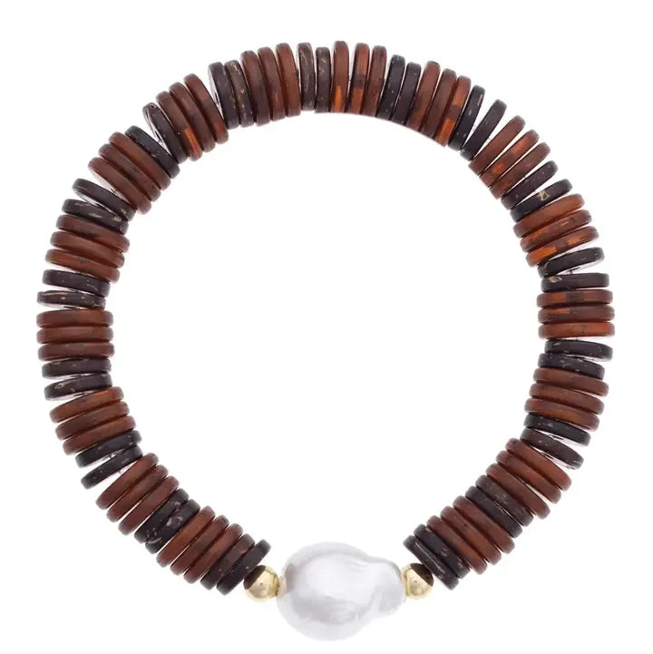 Canvas Quincy Baroque Pearl Stretch Bracelet - Brown