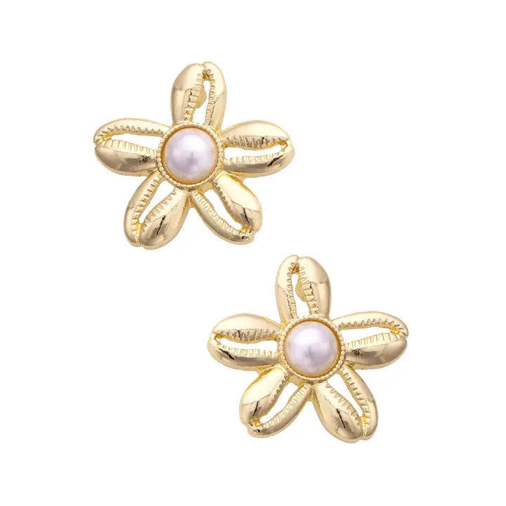 Canvas Shell Flower Stud Earrings in Shiny Gold