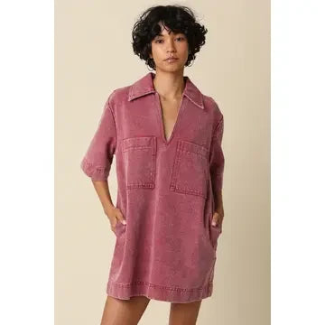 Olivaceous Women's Rosie Washed Collared Mini Dress - Burgundy