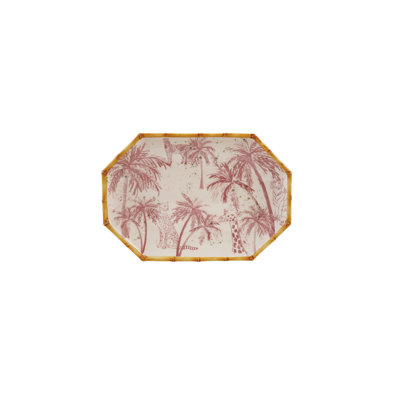 Creative Co-Op Hand-Painted Stoneware Octagon Shaped Platter with Palm Trees, Animals & Bamboo Style Edge
