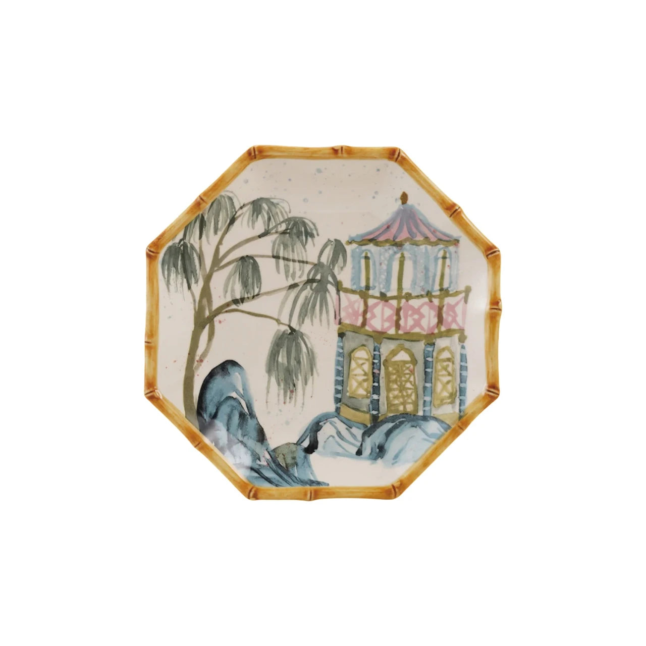Creative Co-Op Hand-Painted Stoneware Plate with House, Palm Tree & Bamboo Style Edge