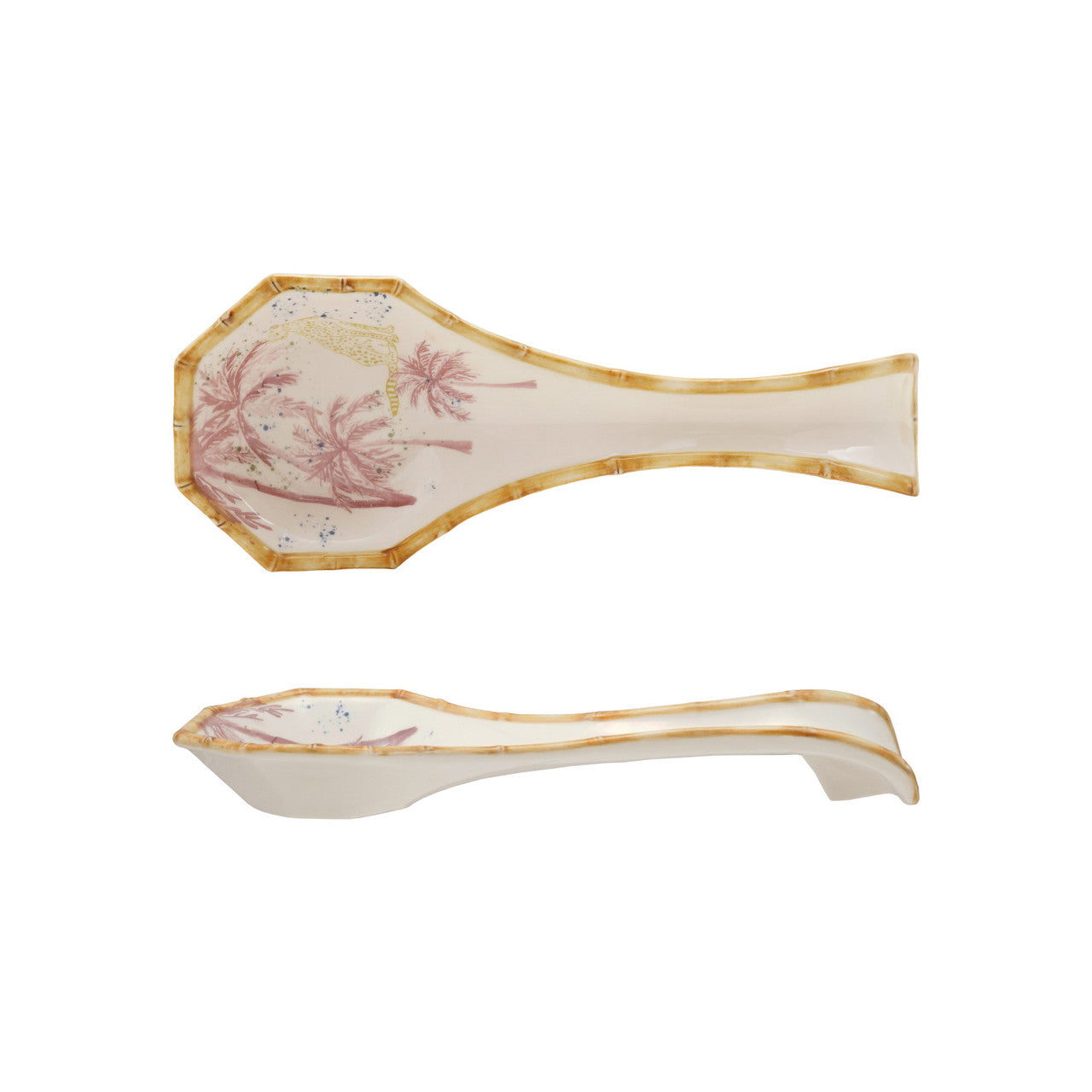 Creative Co-Op Hand-Painted Stoneware Spoon Rest with Palm Trees, Cheetah & Bamboo Style Edge