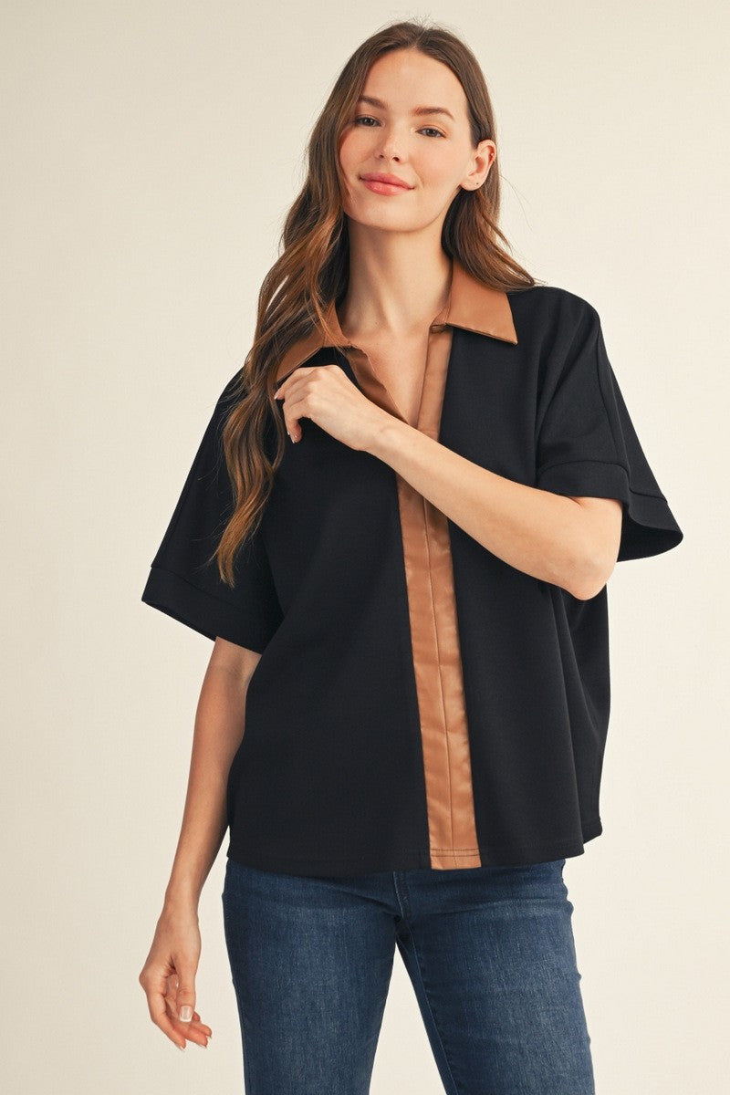 Jodifl Plus Size Women's Faux Leather Solid Top - Black