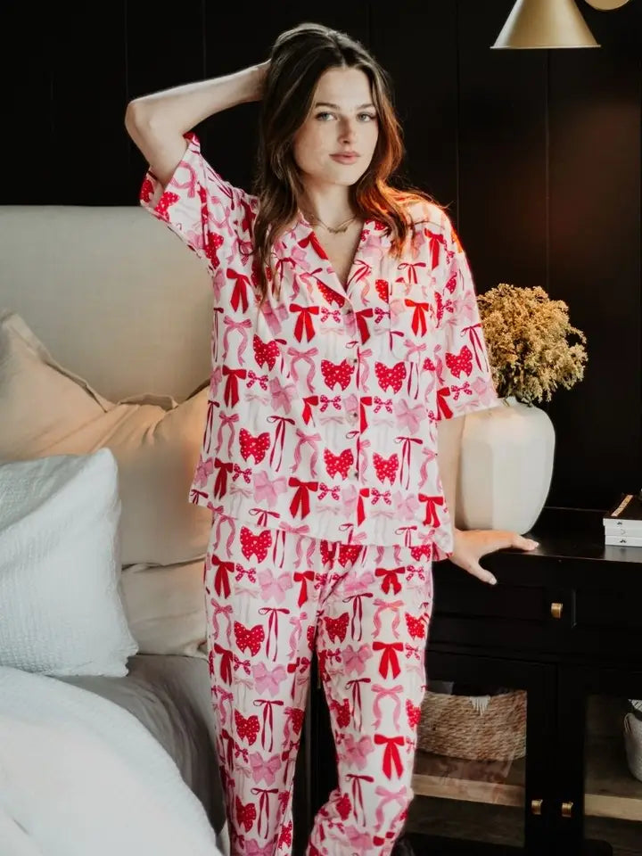 Katydid Women's Pink & Red Coquette Bow Pajama Pants Set