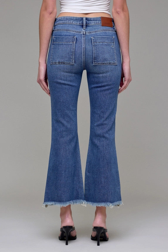 Hidden Jeans Women's Medium Wash Frayed Hem Cargo Crop Flare