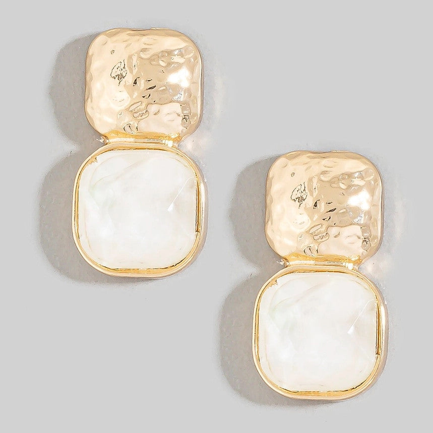 The Looks by Fame Multi Texture Square Stone Drop Earrings - Mother of Pearl