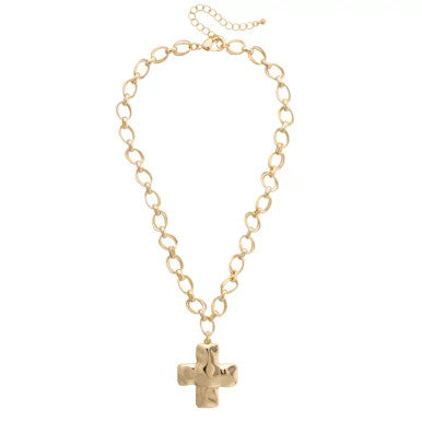 Canvas Elise Hammered Cross Cable Chain Necklace - Shiny Gold