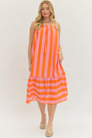 Entro Women's Orange Striped Sleeveless Midi Dress
