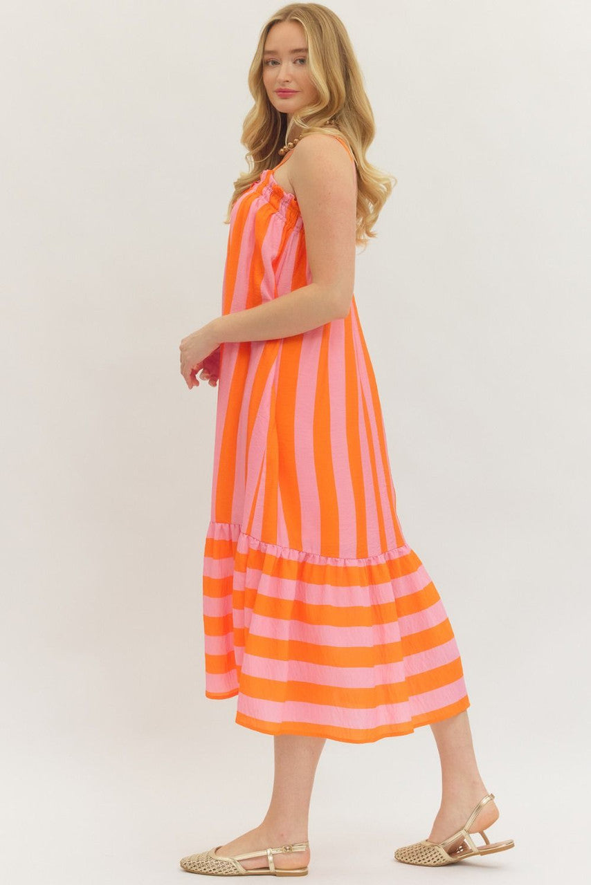 Entro Women's Orange Striped Sleeveless Midi Dress