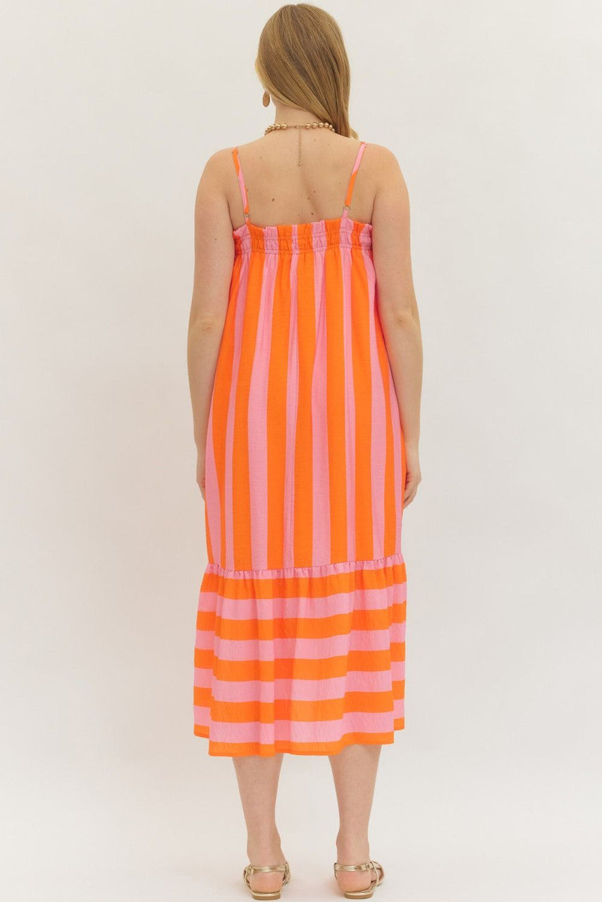 Entro Women's Orange Striped Sleeveless Midi Dress