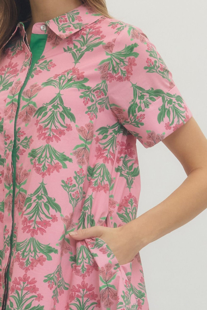 Entro Women's Pink Floral Print Short Sleeve Mini Dress