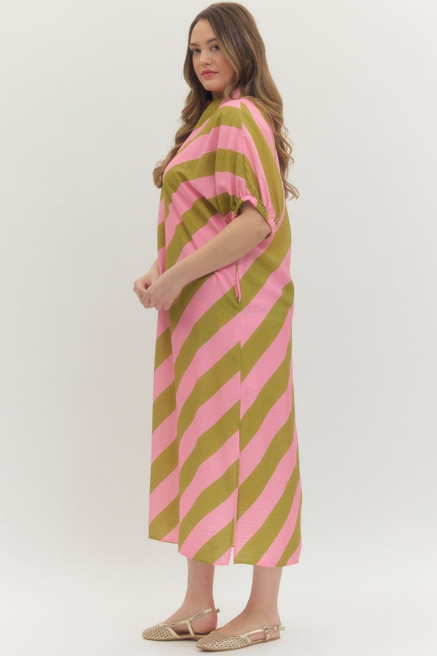 Entro Plus Size Women's Kiwi Pink Diagonal Stripe Midi Dress