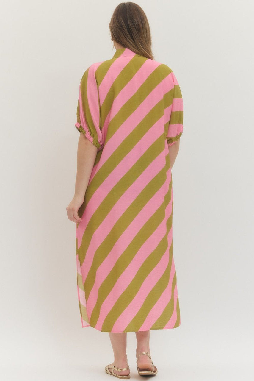 Entro Plus Size Women's Kiwi Pink Diagonal Stripe Midi Dress