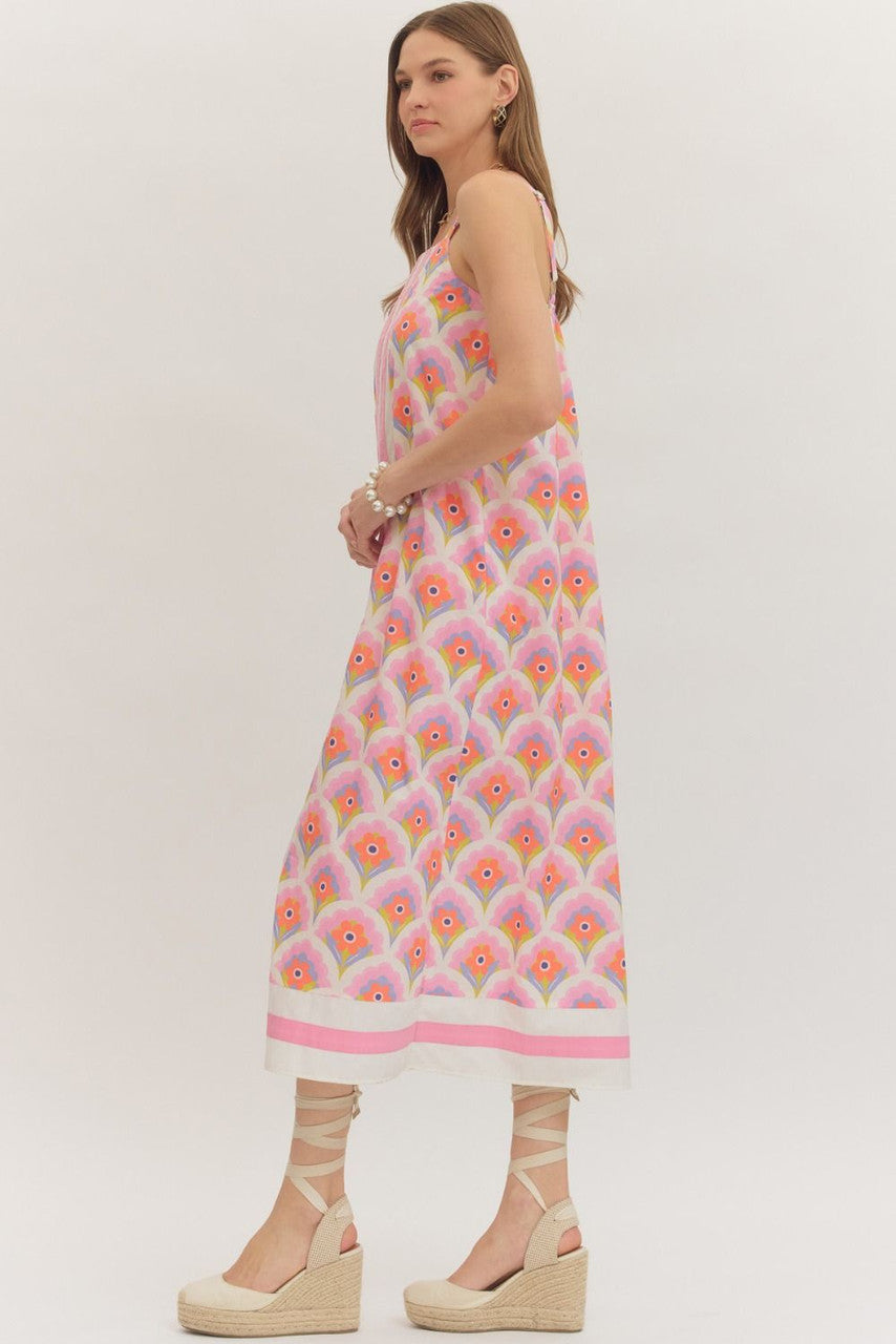 Entro Women's Pink Floral Print Sleeveless Midi Dress