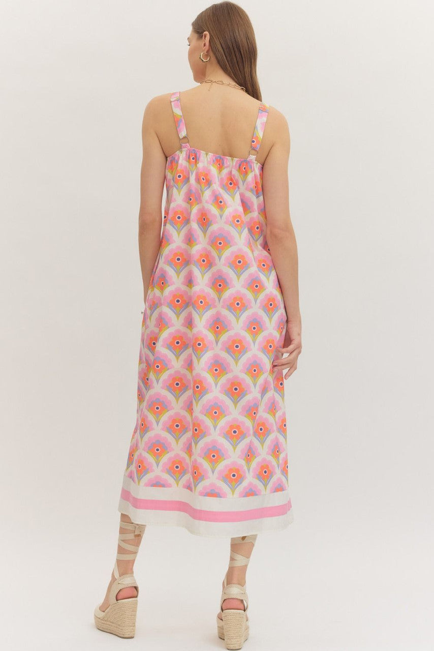 Entro Women's Pink Floral Print Sleeveless Midi Dress