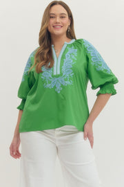 Entro Women's Green 3/4 Sleeve Embroidered Top