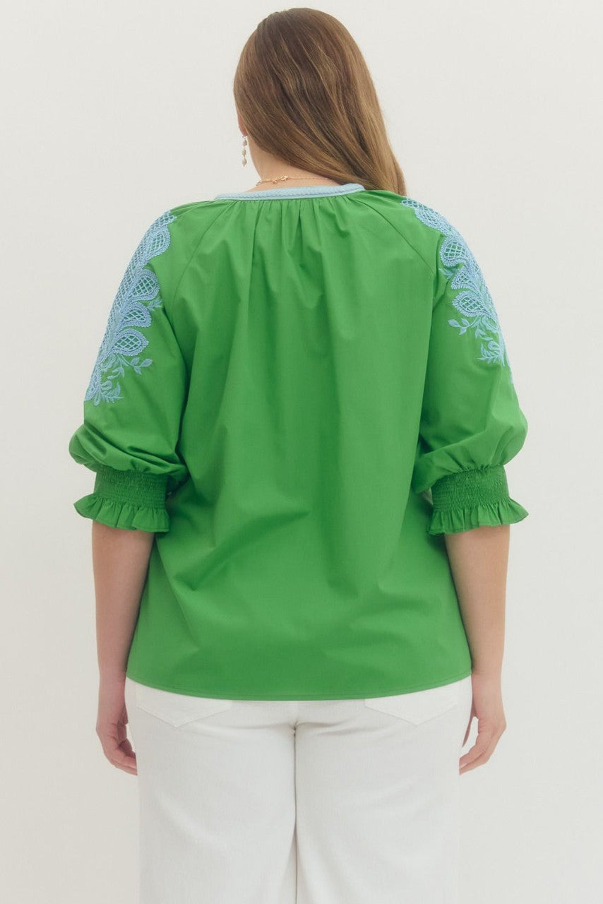 Entro Women's Green 3/4 Sleeve Embroidered Top