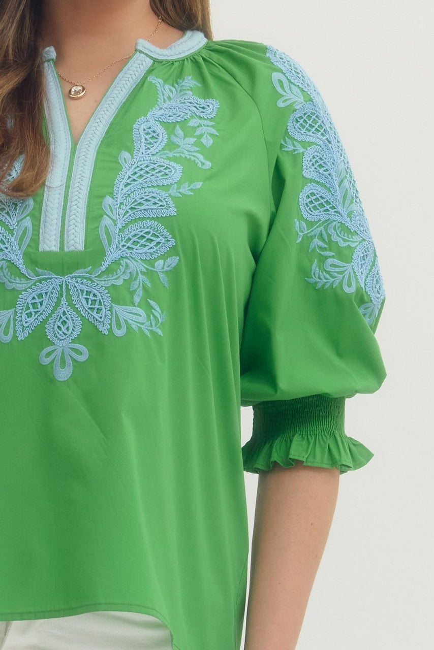 Entro Women's Green 3/4 Sleeve Embroidered Top