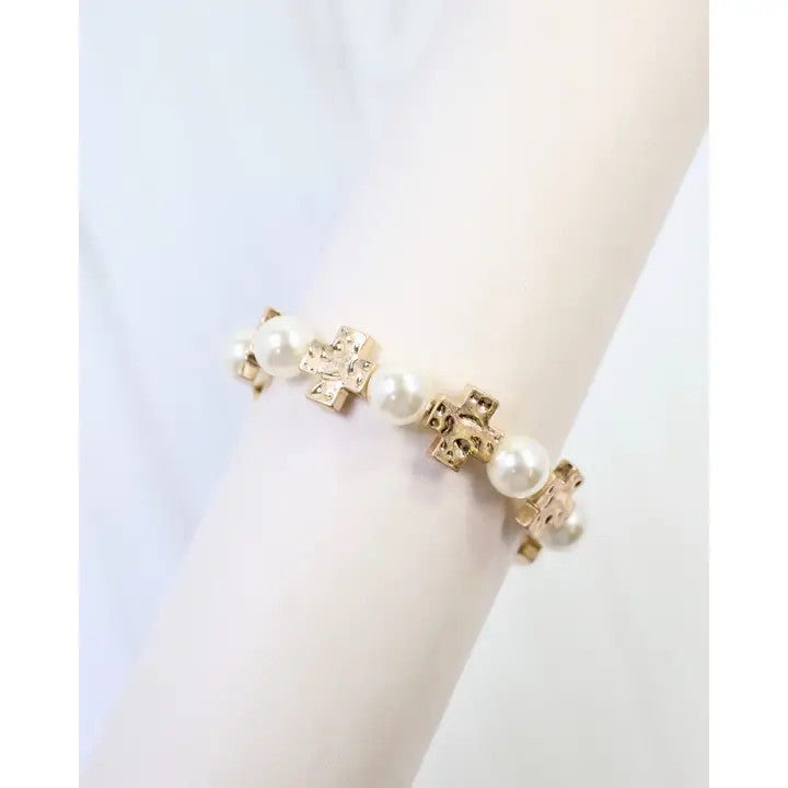 Caroline Hill Lansing Pearl and Cross Stretch Bracelet - Worn Gold