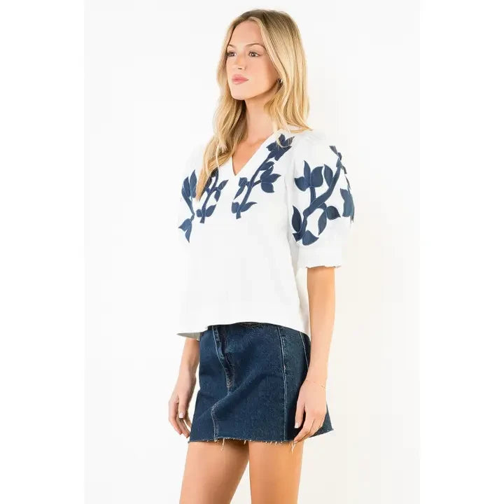 THML Women's Embroidered Puff Sleeve Top - White