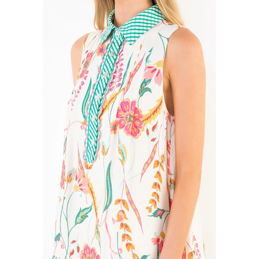 THML Women's Sleeveless Gingham Collared Floral Dress