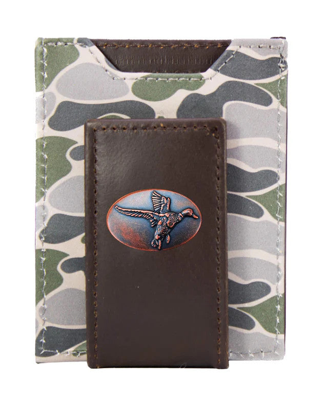 Zep-Pro Mallard Men's Magnetic Front Pocket Old School Camo Leather Wallet - Green