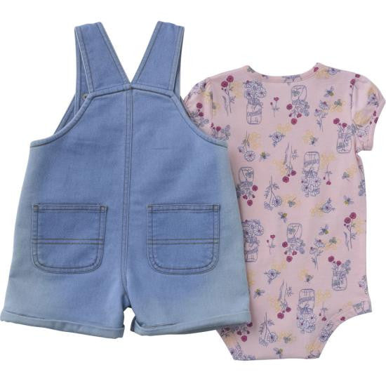 Carhartt Infant Girls Short Sleeve Bee Print Bodysuit and Denim Shortall Set - Light Wash