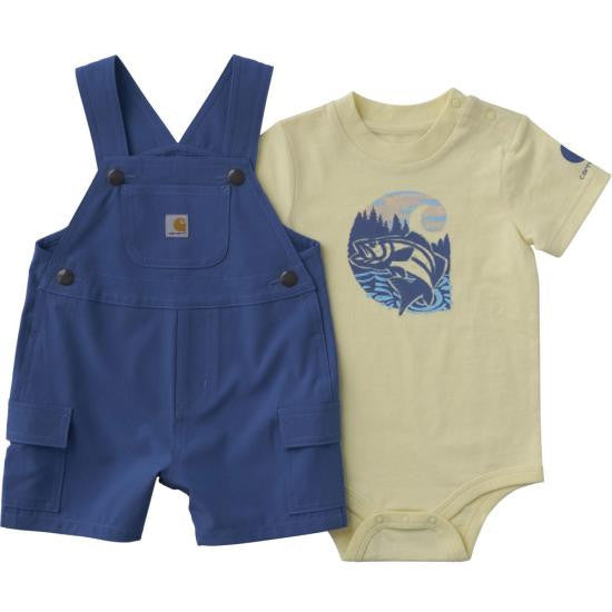 Carhartt Infant Boys Short Sleeve Bodysuit and Cargo Pocket Shortall Set - Blue Horizon
