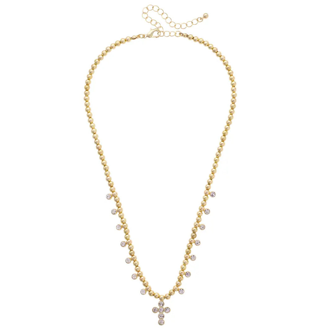 Canvas Elizabeth Pave Cross Ball Bead Necklace - Shiny Gold
