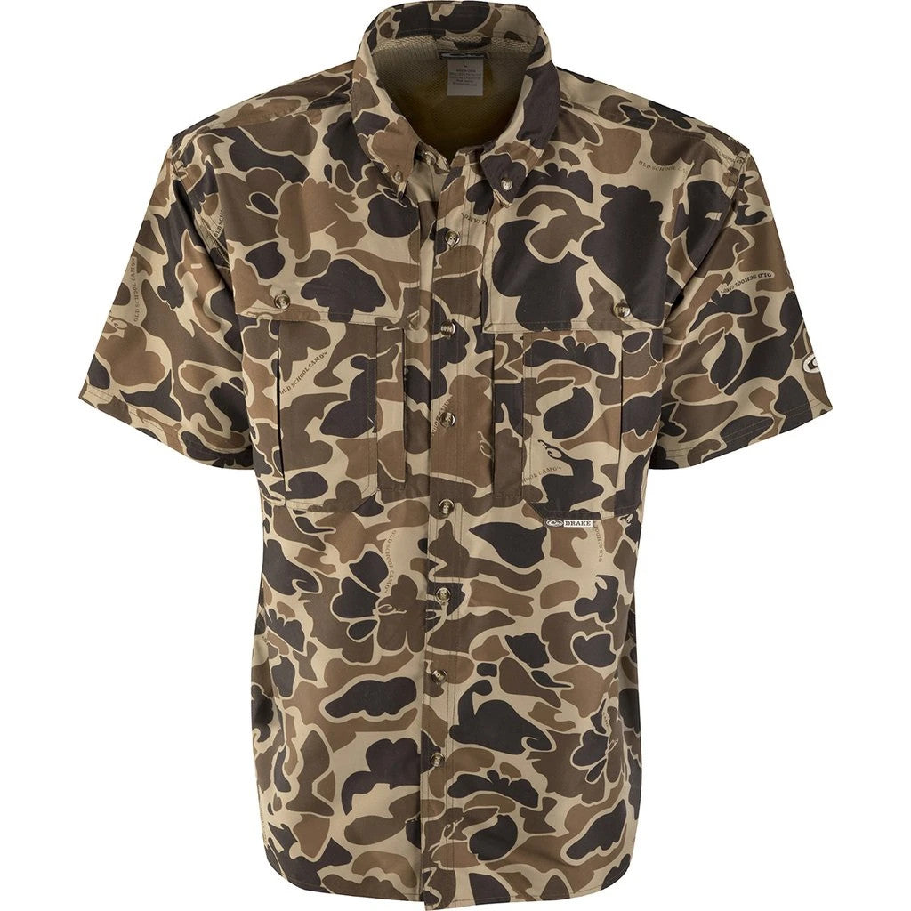 Drake Vented Wingshooter's Short Sleeve Shirt- Old School Camo