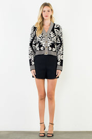 THML Women's Black Floral V-Neck Cardigan