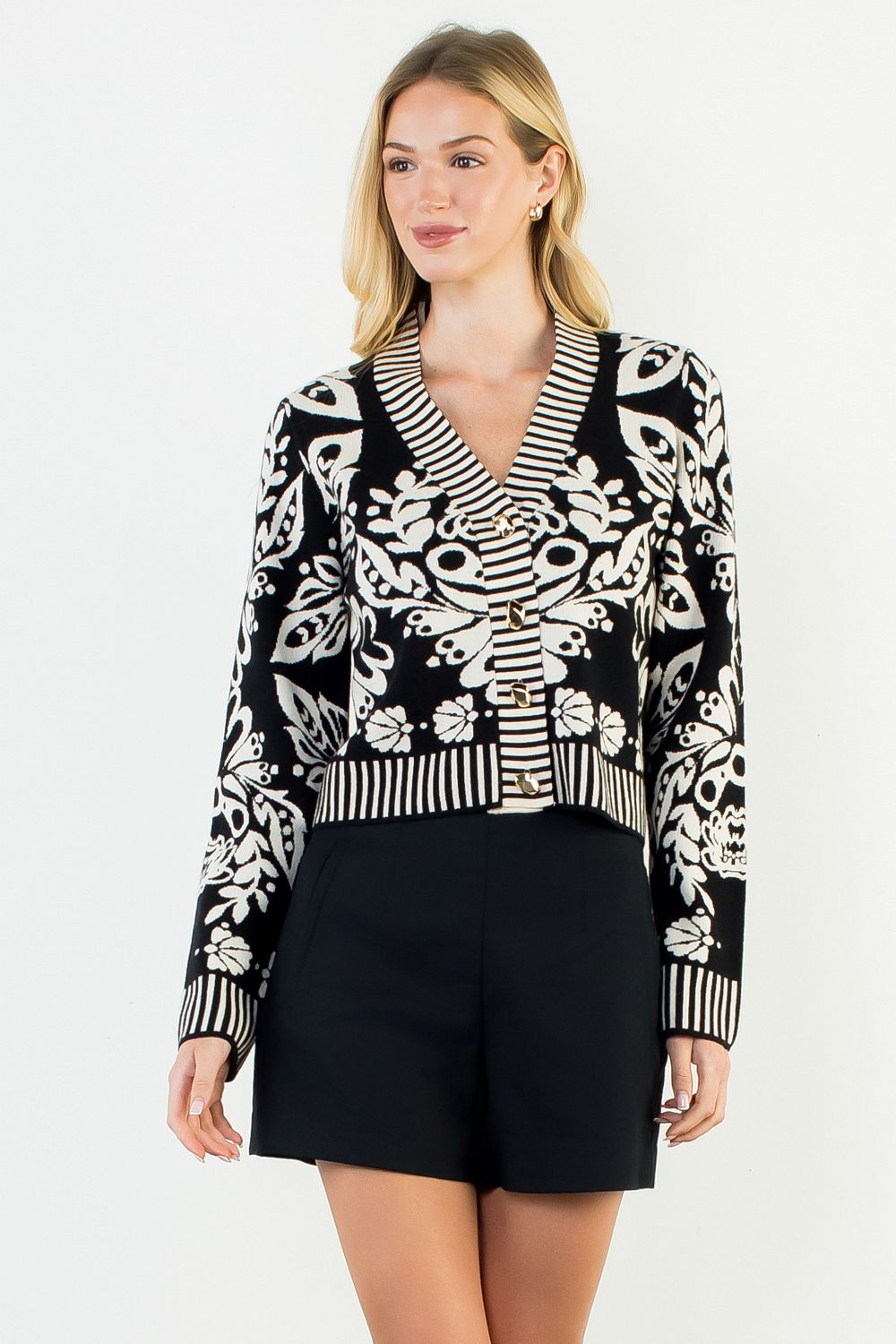 THML Women's Black Floral V-Neck Cardigan